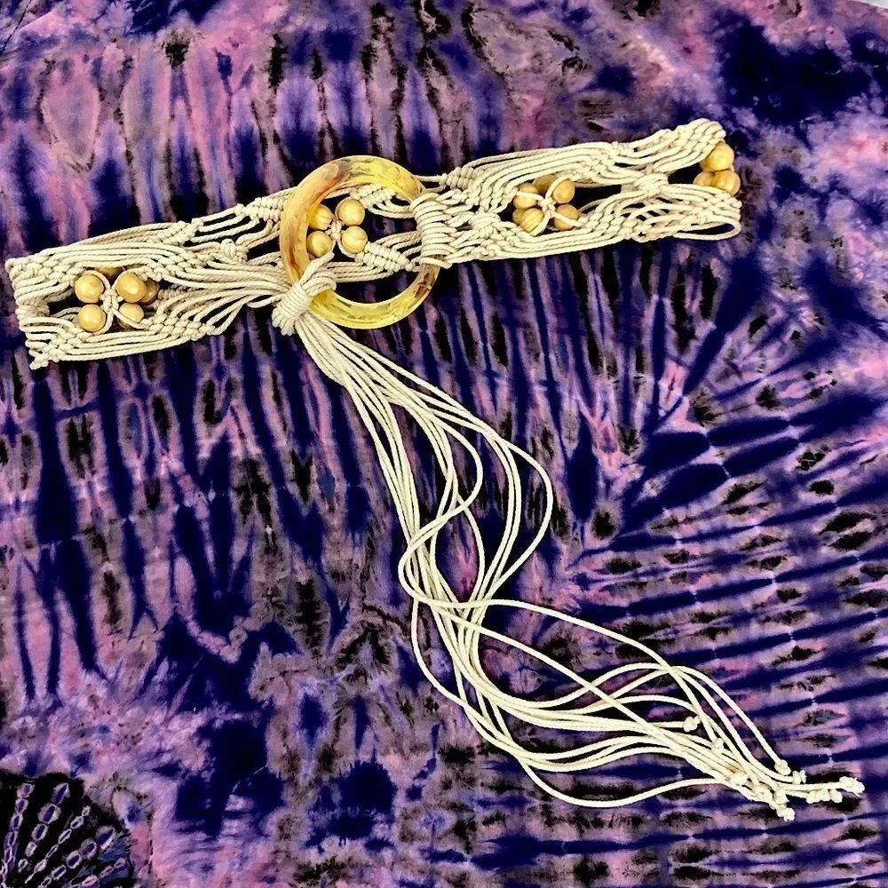 Vintage 70’s Macrame Bohemian Braided Rope Belt with Wood Beads